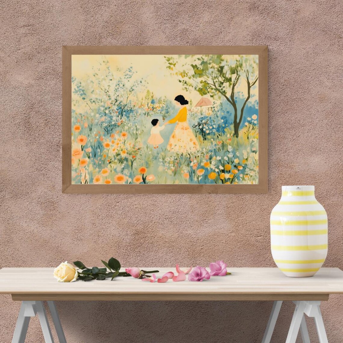 Mother and Daughter Walking in Golden Wildflower Meadow Art Poster - Image 5