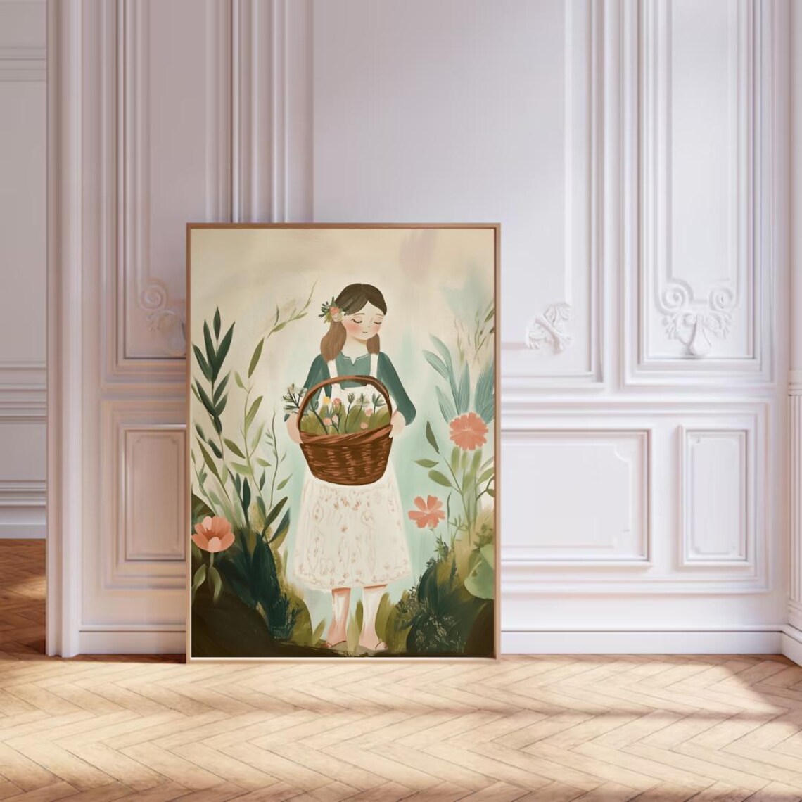 Smiling Girl Holding Flower Basket in Lush Garden Folk Art Poster - Image 3