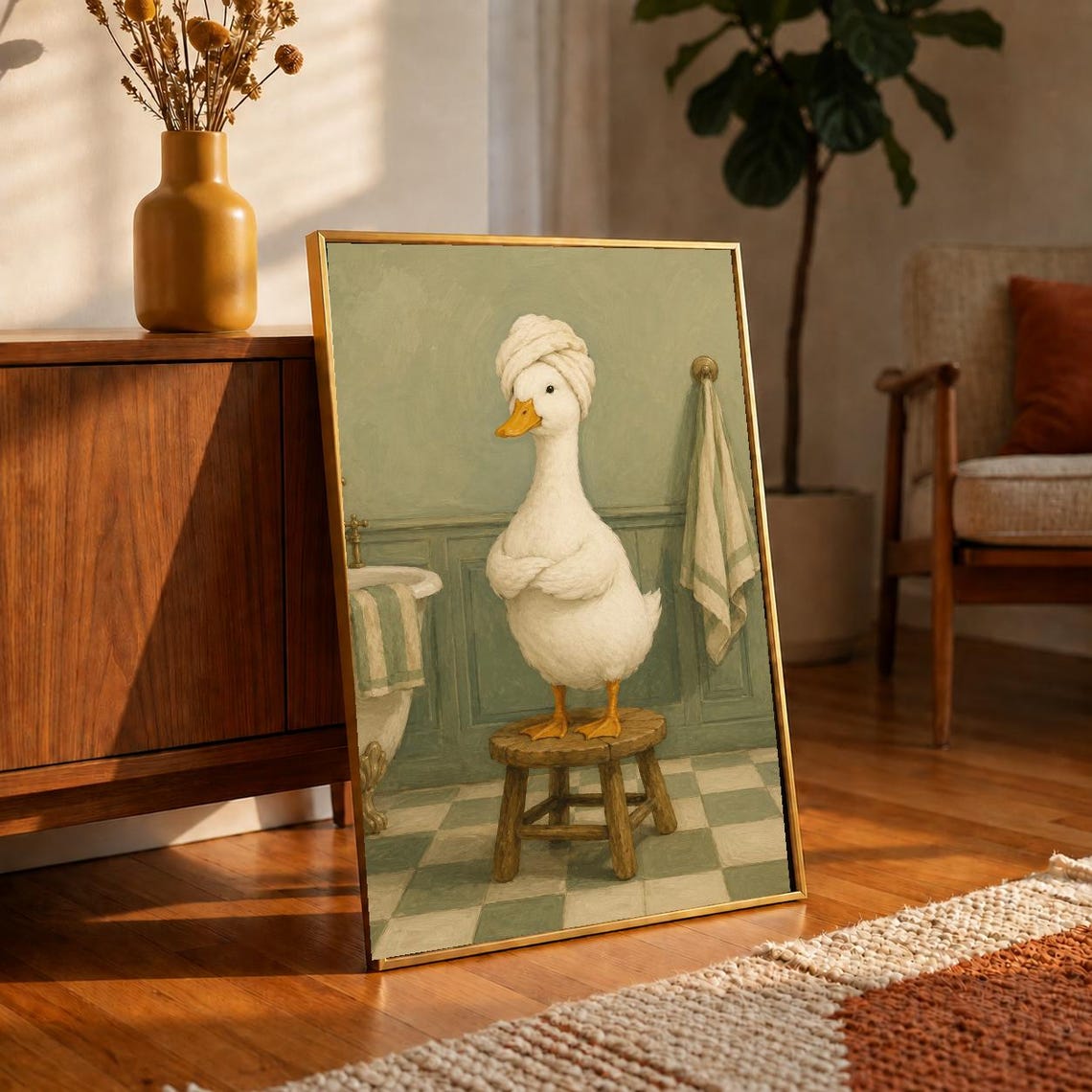 Funny Bathroom Duck Wall Art In Towel Turban Print Sage Green Bath Vintage Powder Room Decor Spa Poster Gift - Image 3