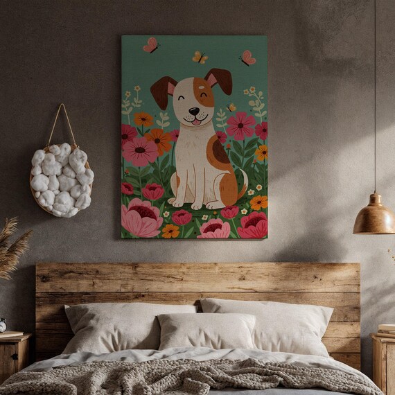 Happy Smiling Dog Flower Garden Cartoon Colorful Kids Room Poster