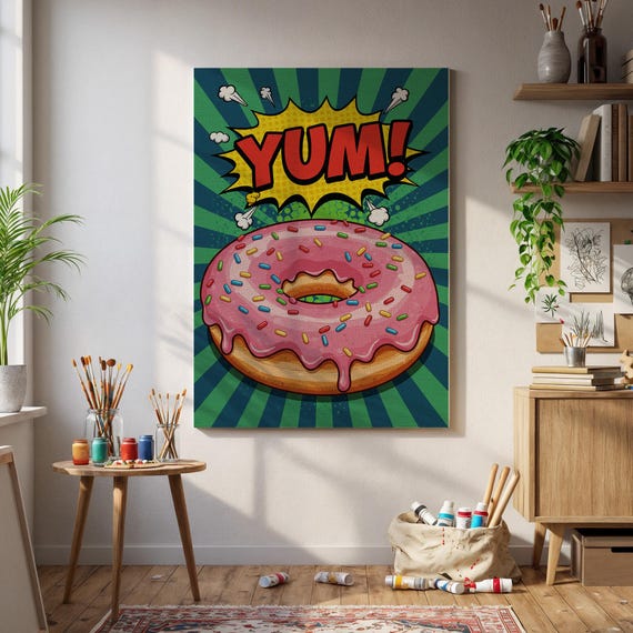 Pop Art Donut Canvas Wall Yum Poster Print With Pink Frosted Doughnut Fun Kitchen Or Cafe Decor Framed Colorful Food Home