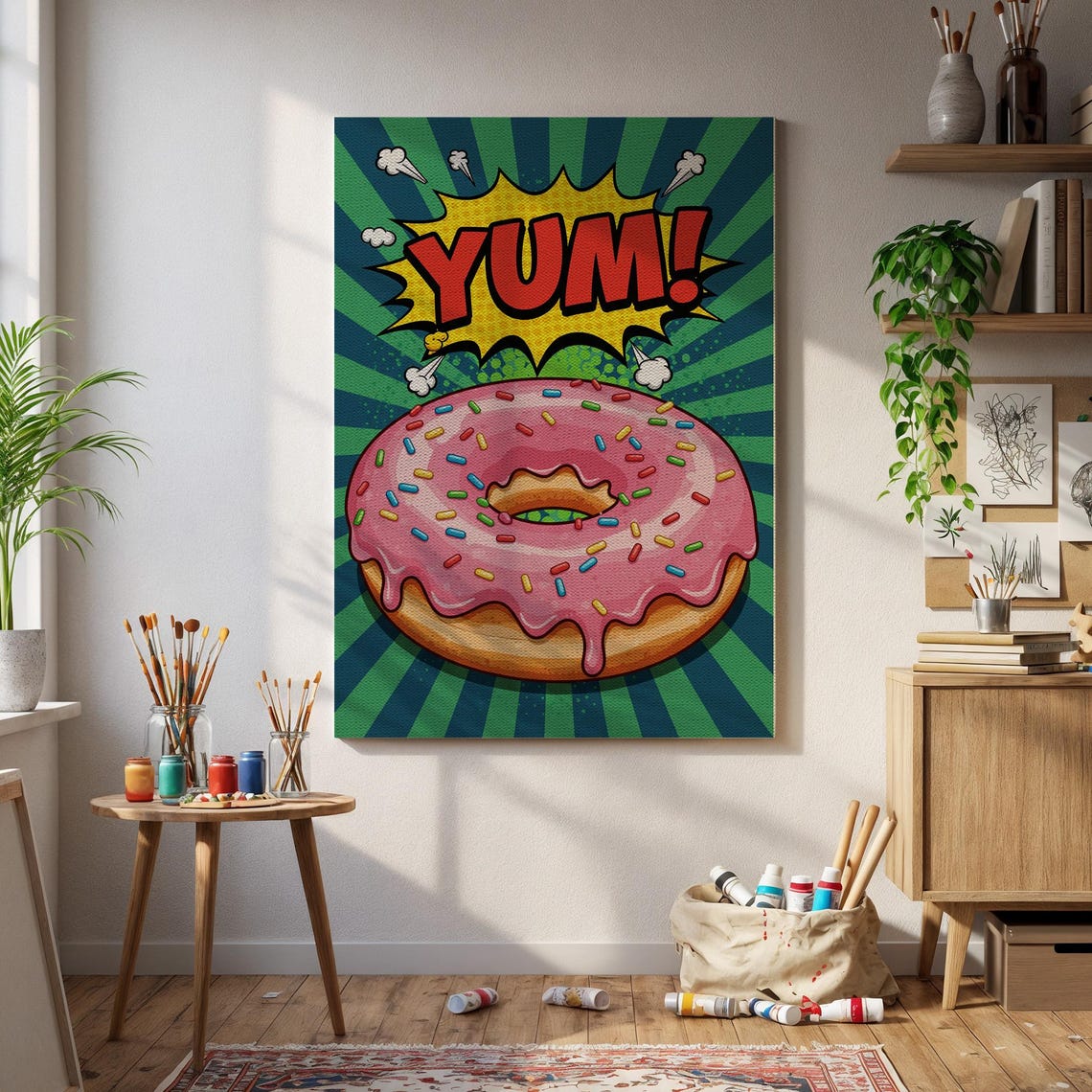 Pop Art Donut YUM Comic Style Pink Frosted Doughnut Wall Poster