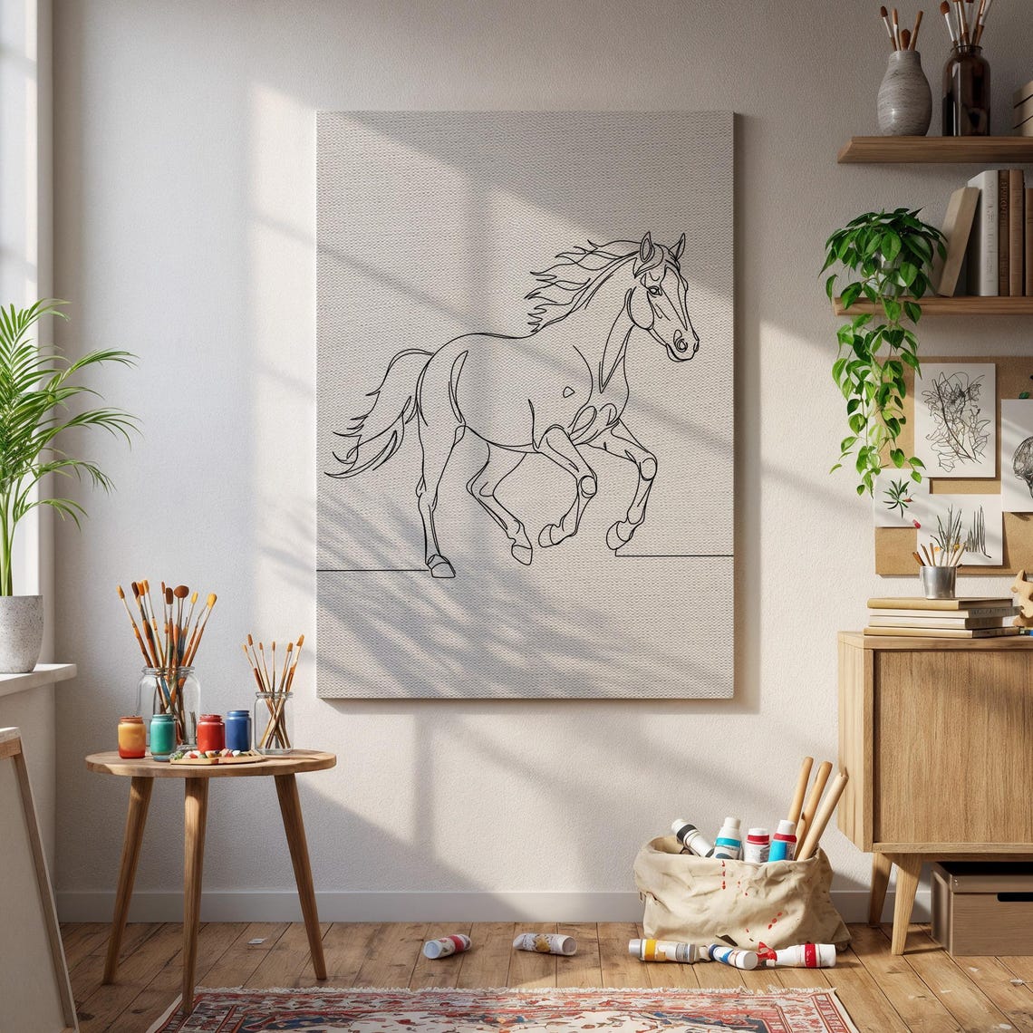 Galloping Horse Minimal Line Art Poster Black and White Drawing