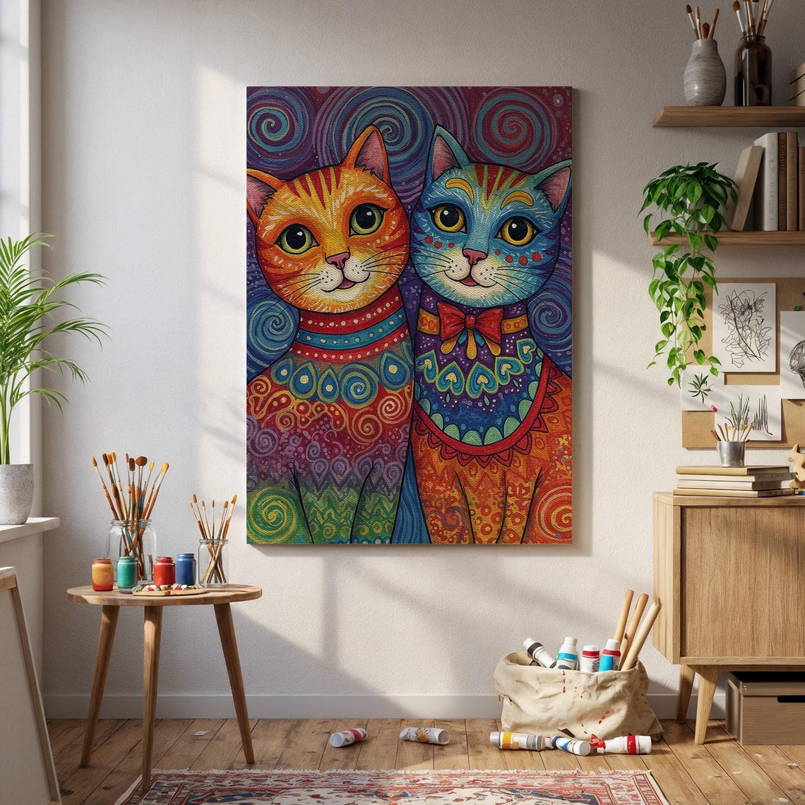 Colorful Folk Art Cat Pair Print Vibrant Boho Feline Wall Psychedelic Patterned Cats Illustration For Bright Modern Home Decor