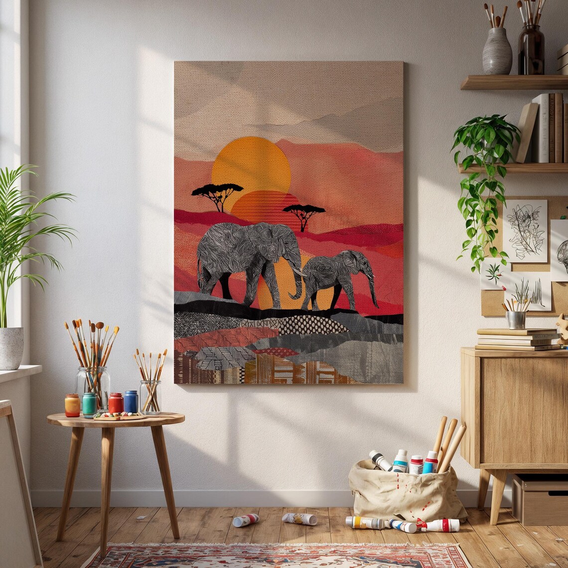 African Elephants Sunset Safari Acacia Trees Tribal Wildlife Poster