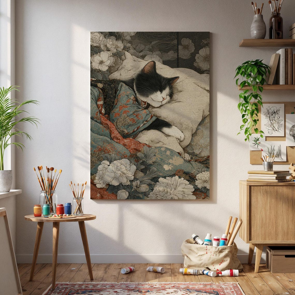 Sleeping Cat Vintage Floral Fabric Cozy Tapestry Style Art Poster