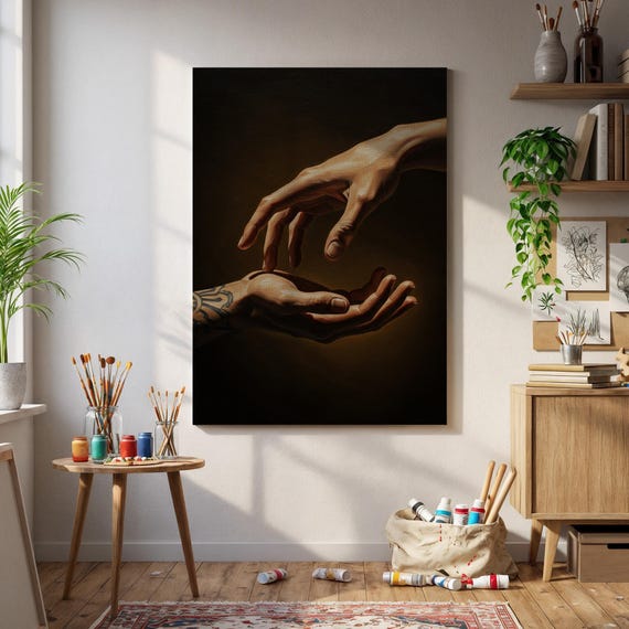Framed Hand Touch Canvas Art Realistic Tattooed Bare Hands Painting Symbolic Emotional Poster Modern Gift For Couples Or Home Wall