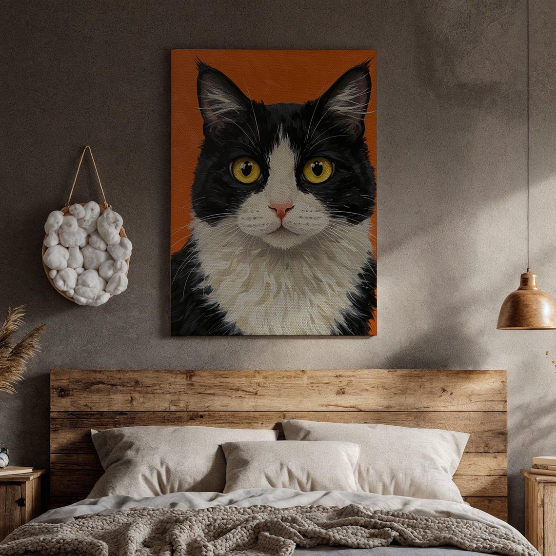 Black and White Tuxedo Cat Portrait Bold Orange Background Art Poster