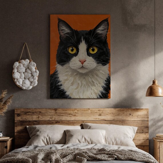 Black and White Tuxedo Cat Portrait Bold Orange Background Art Poster