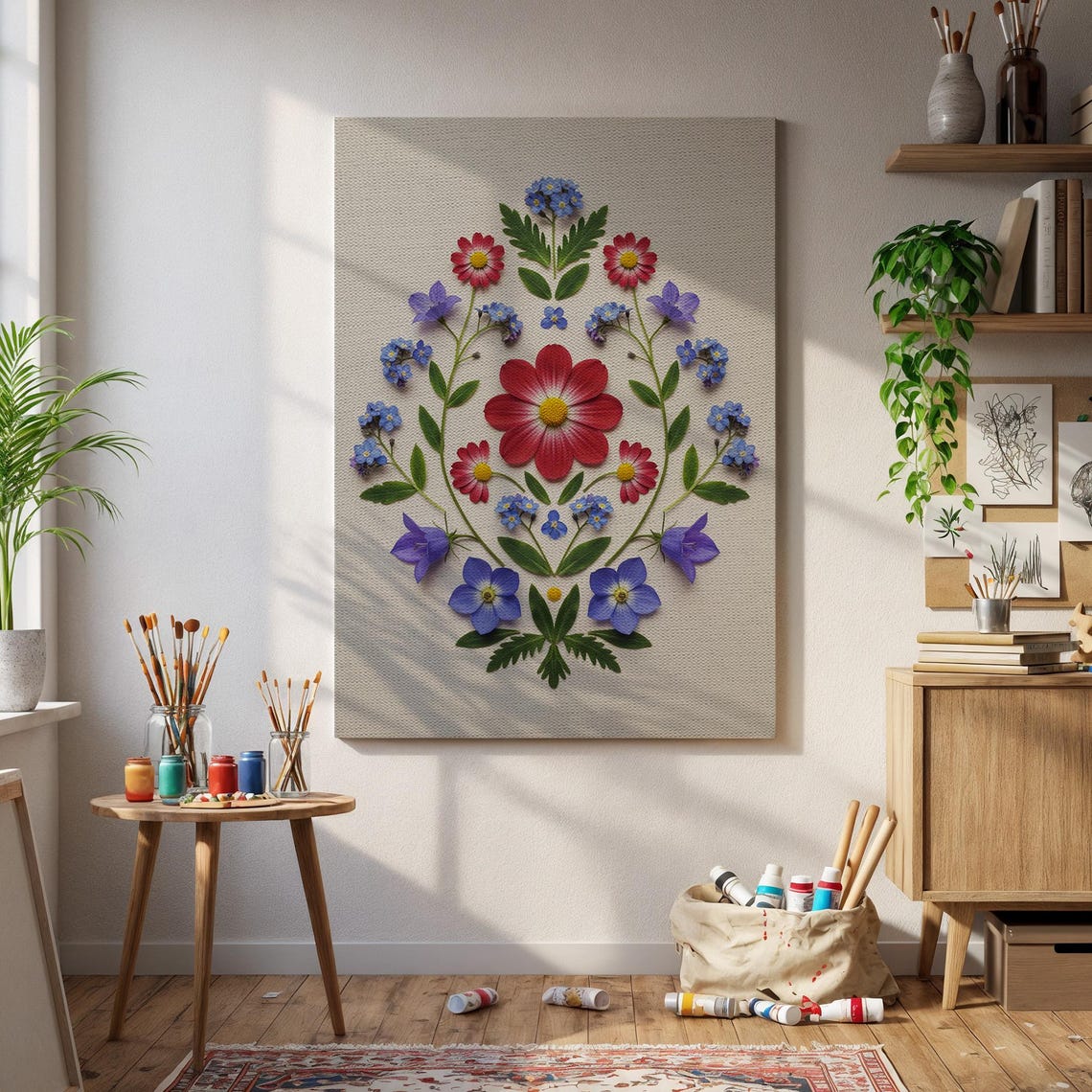 Colorful Folk Floral Wreath Embroidered Botanical Folk Art Poster