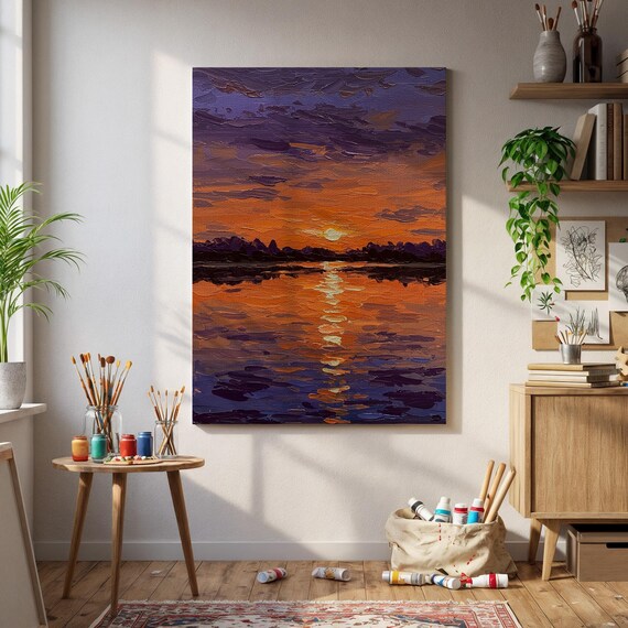 Sunset Lake Reflection Canvas Wall Art Bold Impressionist Painting In Orange And Purple Serene Nature Landscape For Relaxing Decor