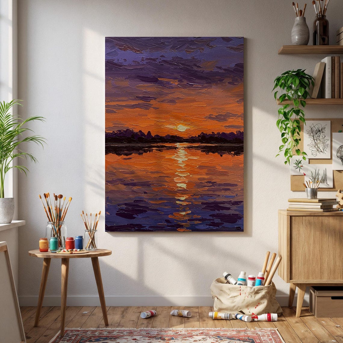 Bold Orange And Purple Sunset Lake Reflection Painting Poster