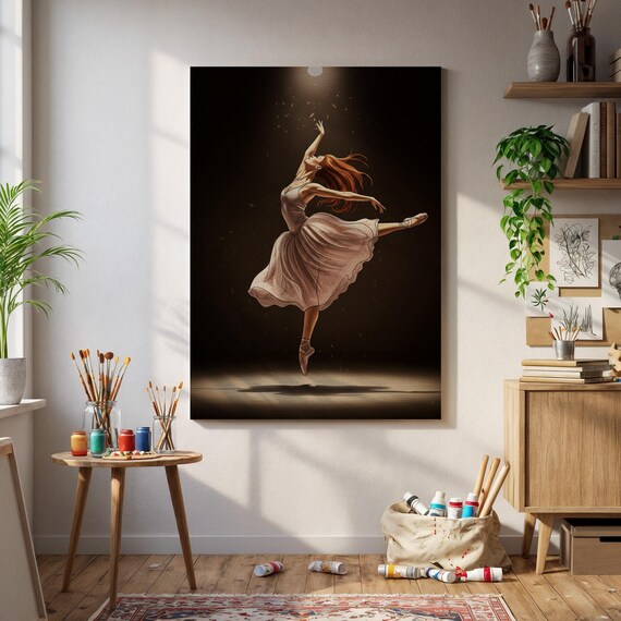 Ballerina Under Spotlight Dramatic Stage Leap Dance Art Poster