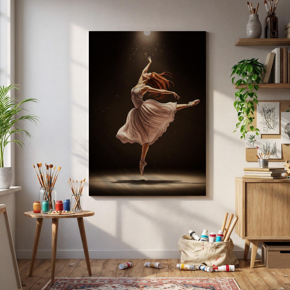 Ballerina Under Spotlight Dramatic Stage Leap Dance Art Poster