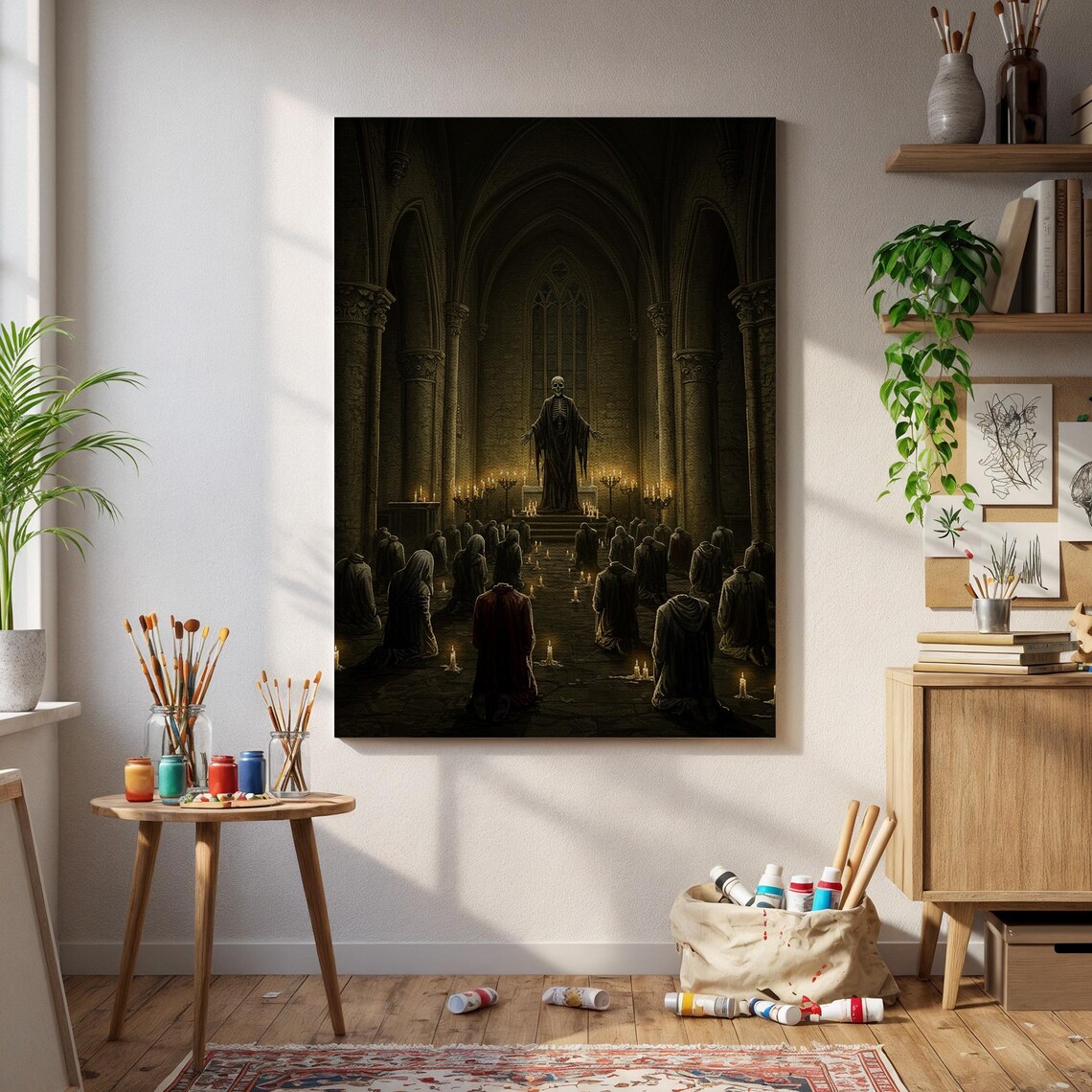 Dark Gothic Cathedral Candlelit Ritual Hooded Figures Horror Art Poster
