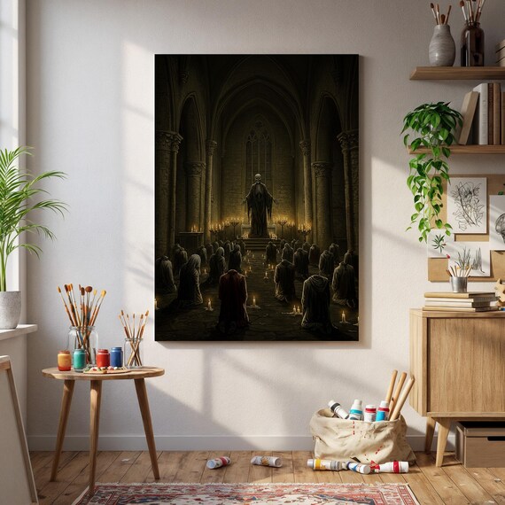 Dark Gothic Cathedral Candlelit Ritual Hooded Figures Horror Art Poster