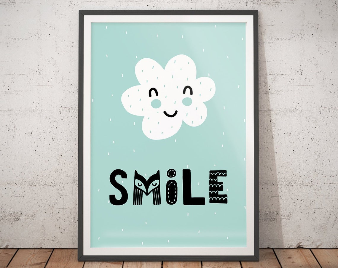 Smile Happy White Cloud Mint Green Nursery Typography Poster
