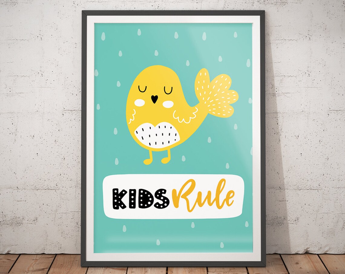 Kids Rule Yellow Bird Nursery Poster Teal Playroom Kids Room Decor