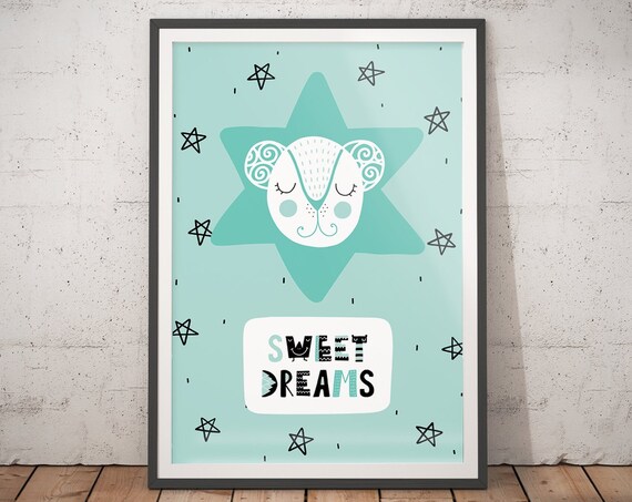 Sweet Dreams Sleeping Bear On Mint Star Nursery Quote Poster