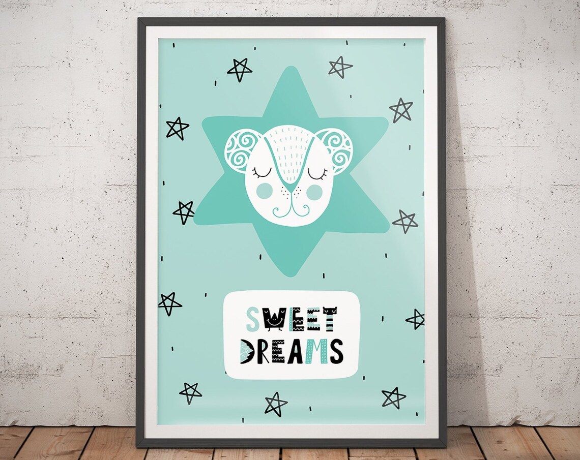 Sweet Dreams Sleeping Bear On Mint Star Nursery Quote Poster