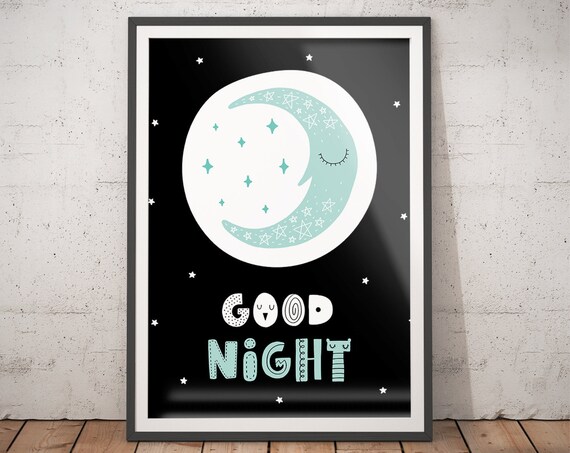 Good Night Sleeping Moon Nursery Poster Black Night Kids Bedroom Art