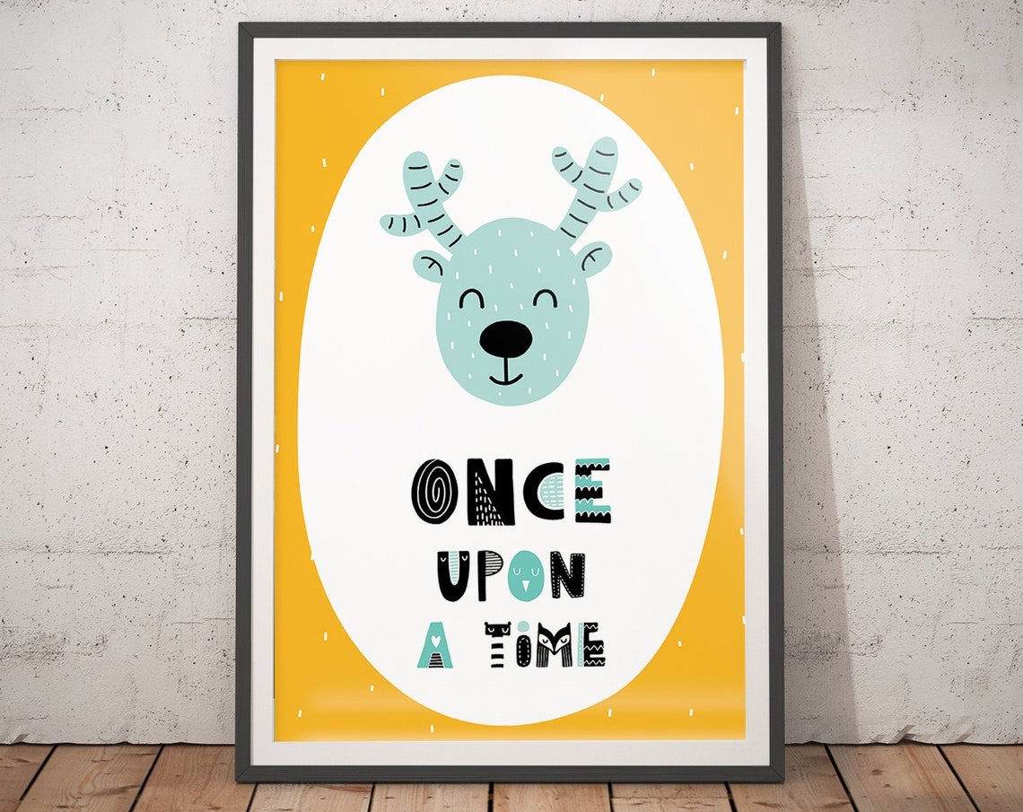 Once Upon A Time Happy Smiling Deer Mustard Nursery Art Poster
