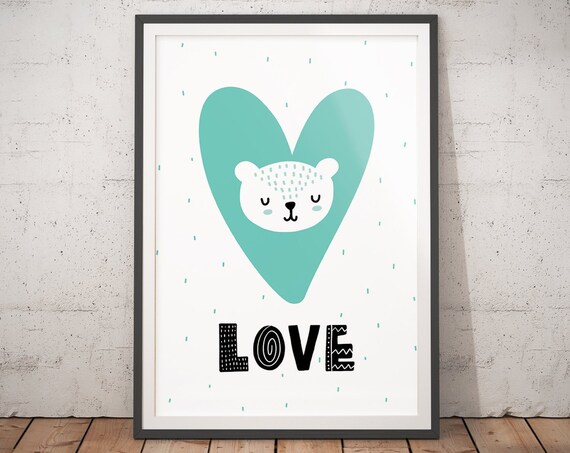 Teal Heart Sleeping Bear Love Nursery Poster Cute Baby Room Kids Decor