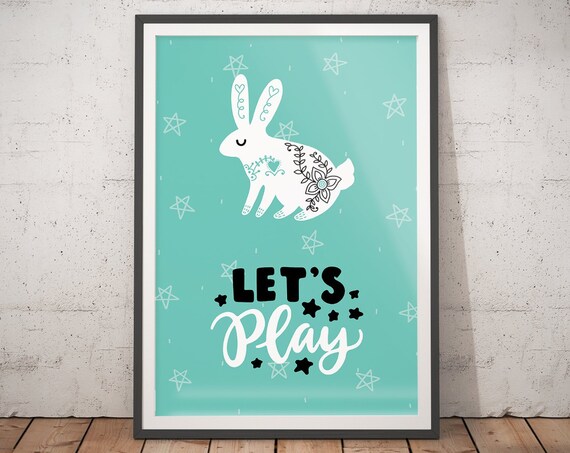 Let's Play Bunny Nursery Poster Mint Teal Rabbit Kids Playroom Wall Decor