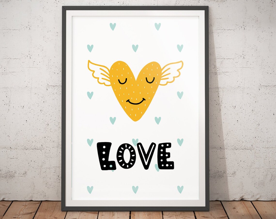 Smiling Winged Heart Love Nursery Poster Mustard Yellow Scandi Kids Art