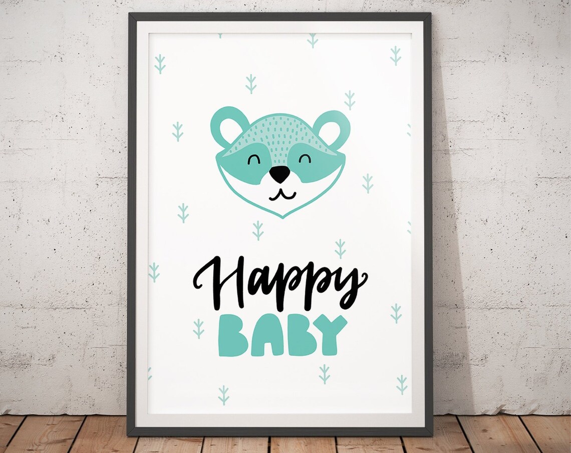 Happy Baby Smiling Raccoon Nursery Poster Mint Baby Shower Room Decor