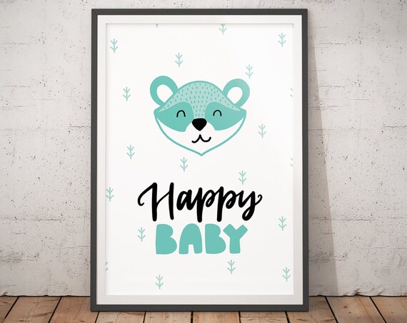 Happy Baby Smiling Raccoon Nursery Poster Mint Baby Shower Room Decor