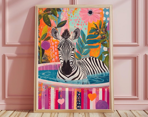 Animal Zebra Bathroom Print Zebra Painting Maximalist Decor Zebra Poster Wall Art Funny Bathroom Wall Art Home Decor