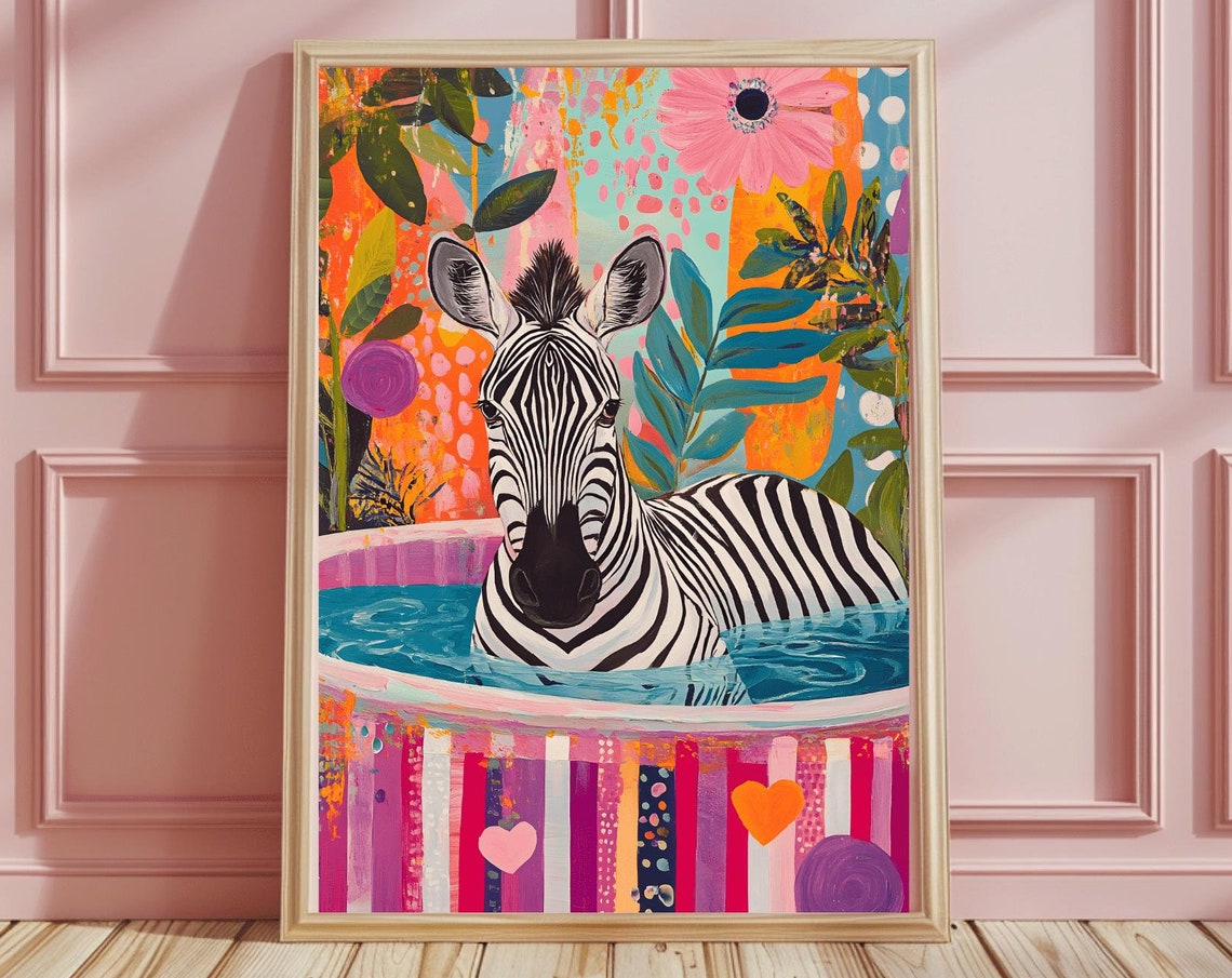 Animal Zebra Bathroom Print Zebra Painting Maximalist Decor Zebra Poster Wall Art Funny Bathroom Wall Art Home Decor