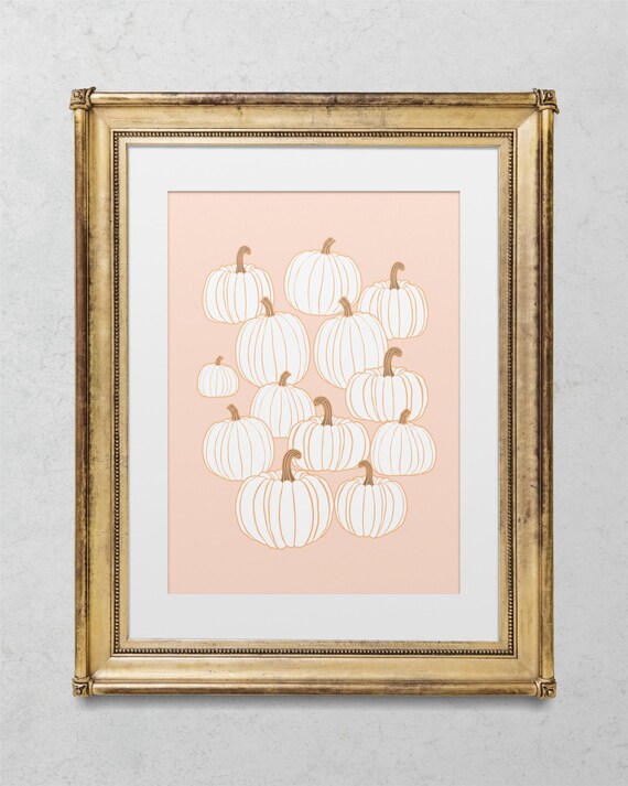White Pumpkins Line Art On Blush Pink Fall Autumn Season Print