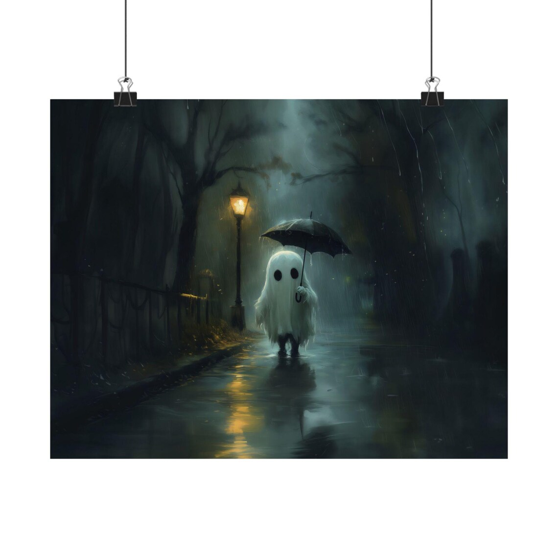 Ghost Umbrella Rain Poster, Gothic Modern Halloween Art