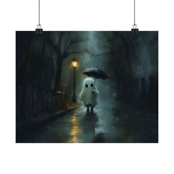 Ghost Umbrella Rain Poster, Gothic Modern Halloween Art
