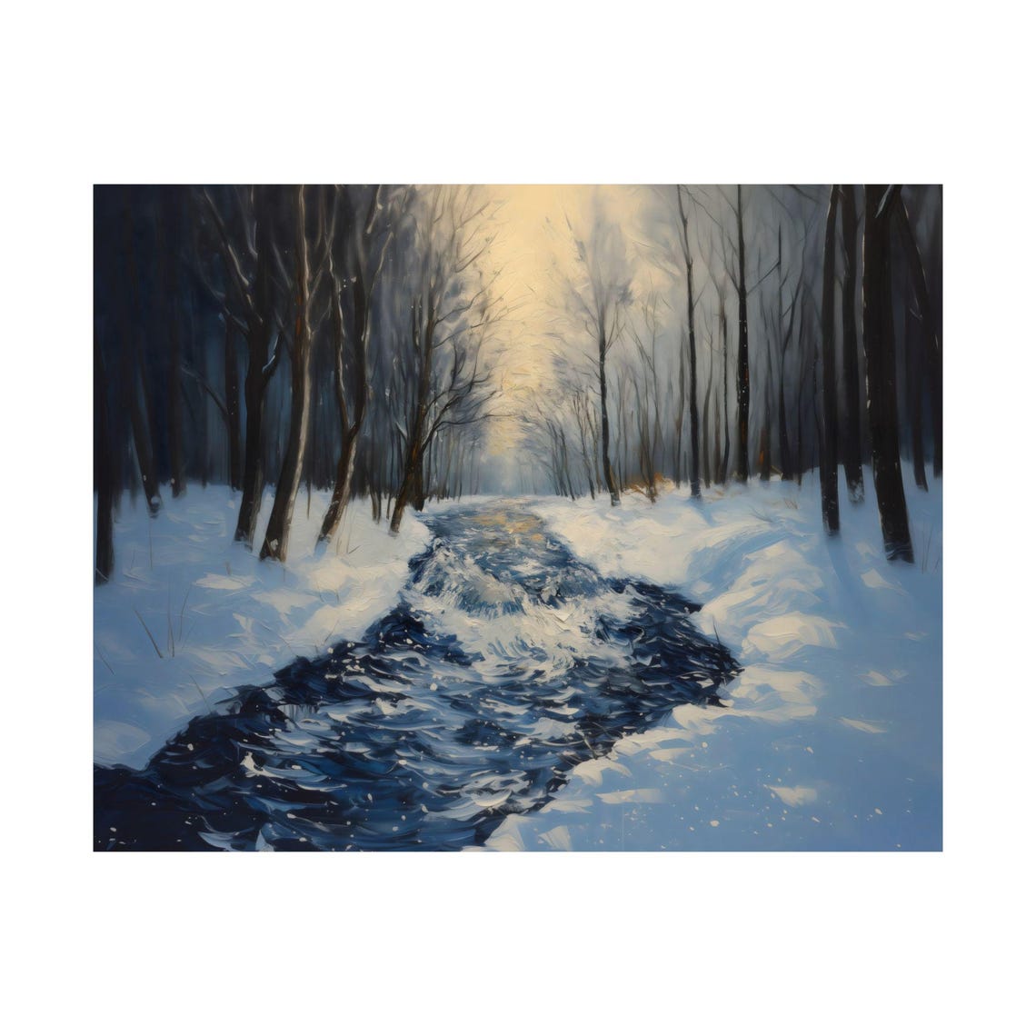 Winter Stream Through Snowy Pine Forest At Dawn Landscape Poster - Image 3