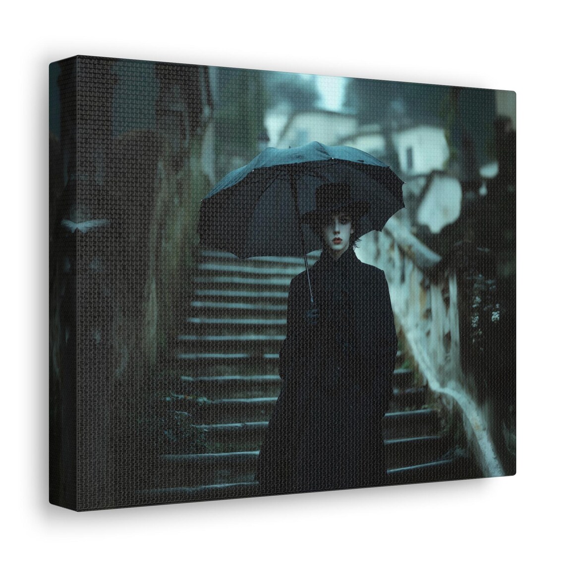 Victorian Gothic Figure with Umbrella on Mossy Stone Stairs Moody Poster - Image 3