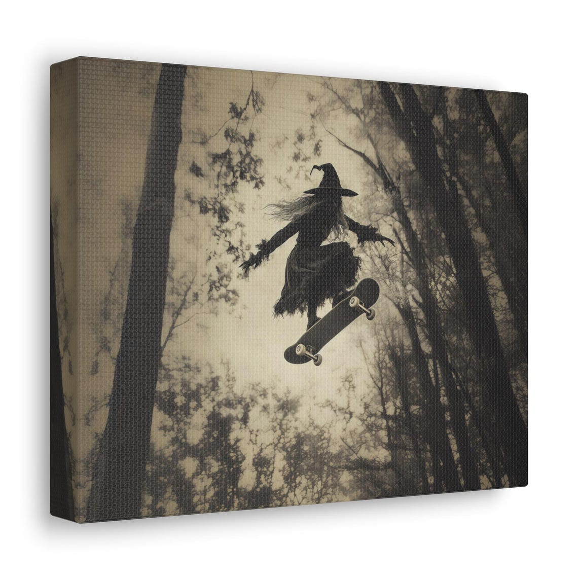 Witch Skateboarding Over Forest Trick Vintage Sepia Halloween Poster - Image 2
