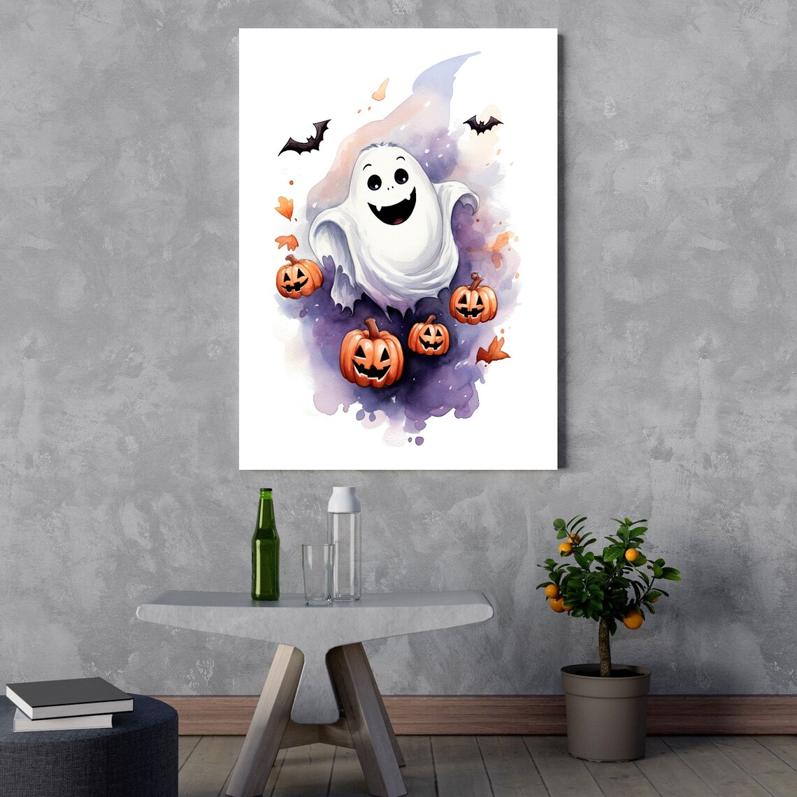 Cute Ghost Bats Watercolor Halloween Wall Decor - Image 3