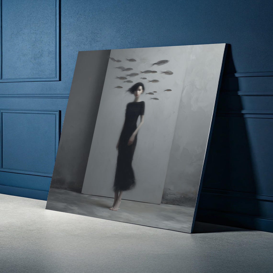 Surreal Woman in Black Dress with Flying Fish Gray Art Poster