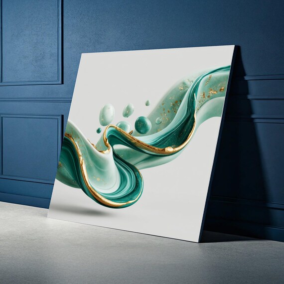 Teal And Gold Fluid Wave Abstract Flow Modern Elegant Canvas Art Poster