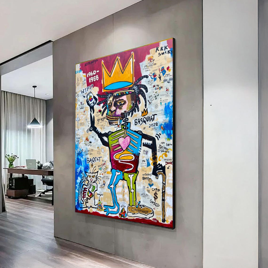 Basquiat Style Crowned Skeleton Colorful Graffiti Street Art Poster