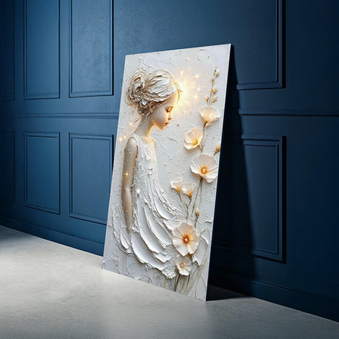 Ethereal Girl White Flowers Textured Impasto Fairy Tale Art Poster
