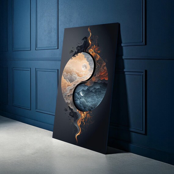 Yin Yang Fire And Water Canvas Day Night Sky Wall Art Dual Element Abstract Design Spiritual Balance Decoration Home Print