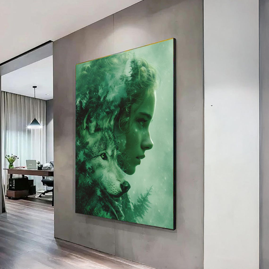Mystic Wolf and Woman Double Exposure Green Forest Art Poster