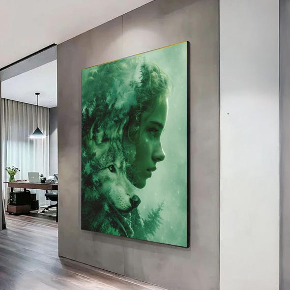 Mystic Wolf And Woman Double Exposure Canvas Forest Spirit Art Nature Wildlife Green Toned Wall Decor Mystical Animal