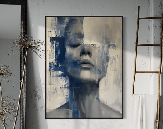 Abstract Blue Female Face Portrait Moody Modern Wall Art Print