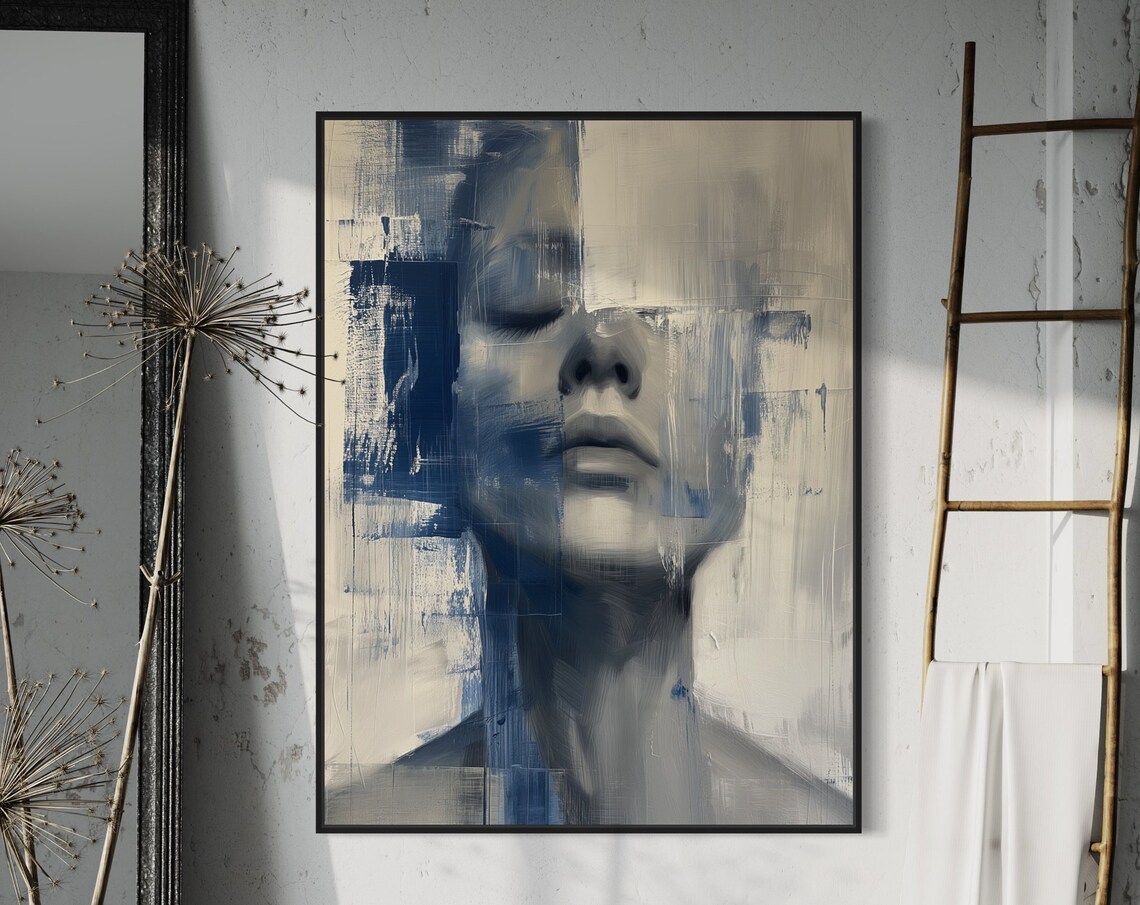 Abstract Blue Female Face Portrait Moody Modern Wall Art Print