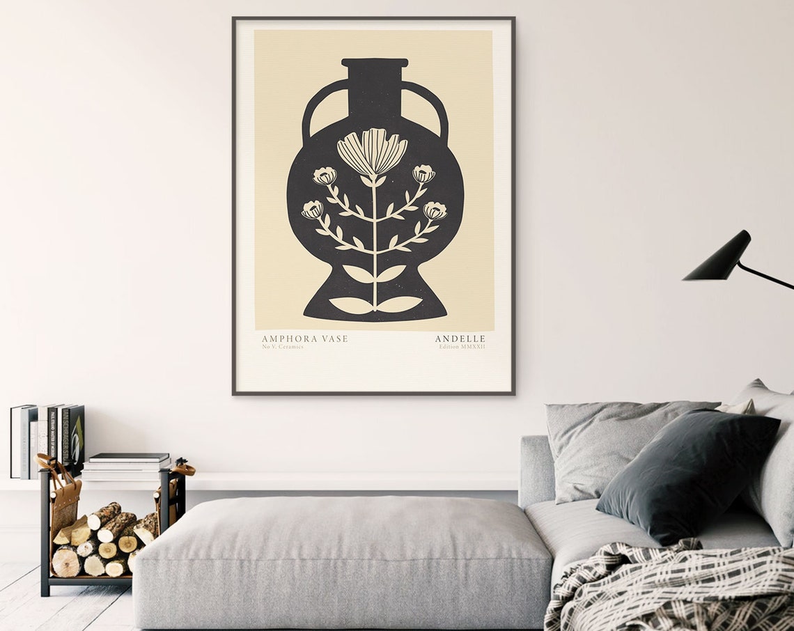 Amphora Vase No V With Floral Motif Black Beige Boho Ceramics Poster